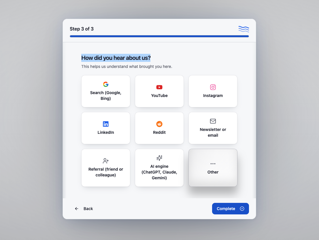 DocStreamAI onboarding step 3 asking how you heard about DocStreamAI