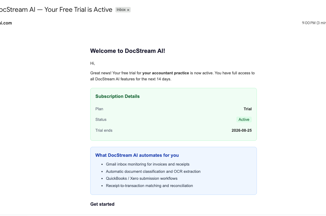 DocStreamAI email confirming a 14-day free trial is active for an accountant practice
