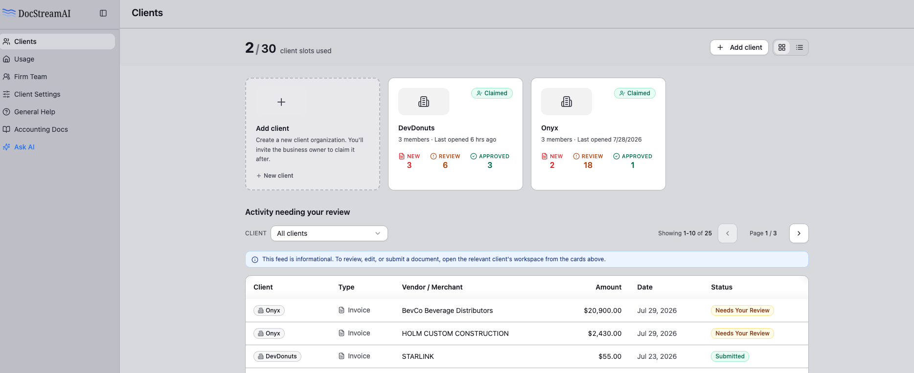 DocStreamAI Clients page with two claimed clients and a combined activity feed of invoices needing review