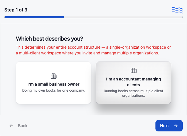 DocStreamAI onboarding step 1 with “I'm an accountant managing clients” selected