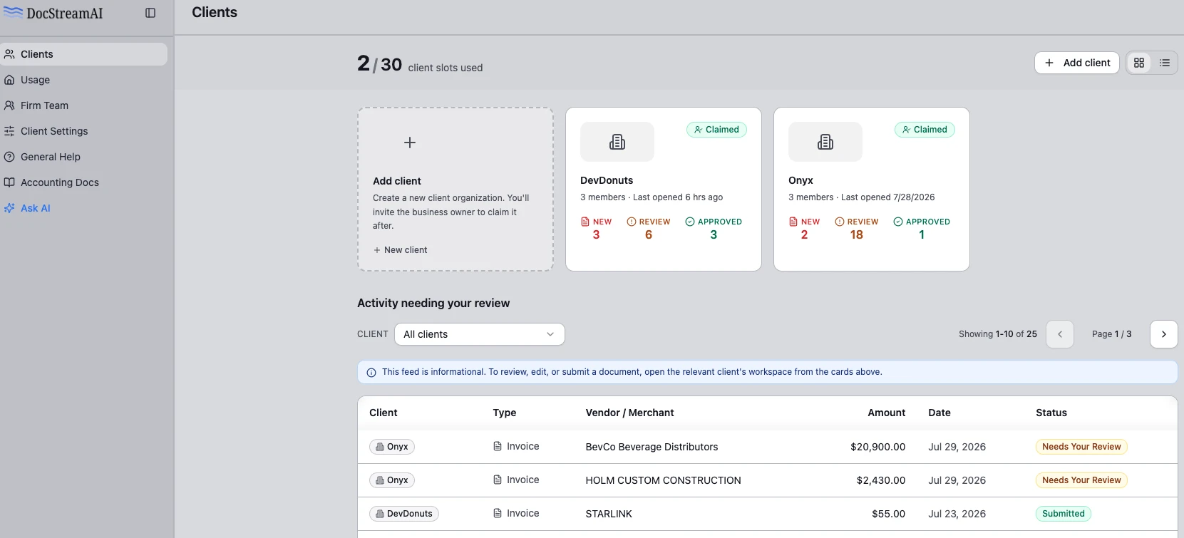 DocStreamAI Clients page with two claimed clients and a combined activity feed of invoices needing review