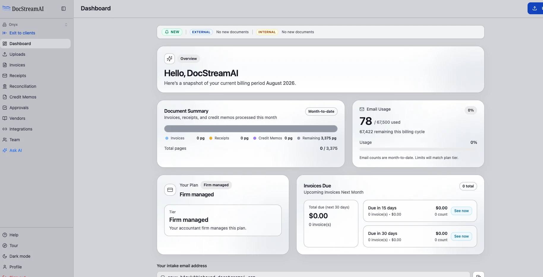 A client workspace dashboard inside DocStreamAI showing document summary, email usage, firm-managed plan, and intake email address