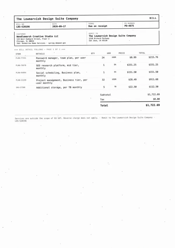 Page one of an invoice from The Lowmarvish Design Suite Company, an invented company, as an office scan