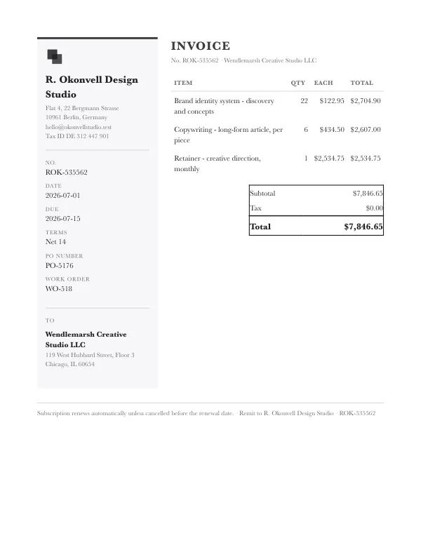 Page one of an invoice from R. Okonvell Design Studio, an invented company, as a clean PDF