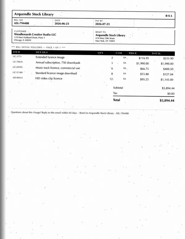 Page one of an invoice from Arquendle Stock Library, an invented company, as a photocopy