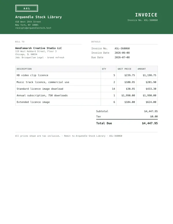 Page one of an invoice from Arquendle Stock Library, an invented company, as a clean PDF