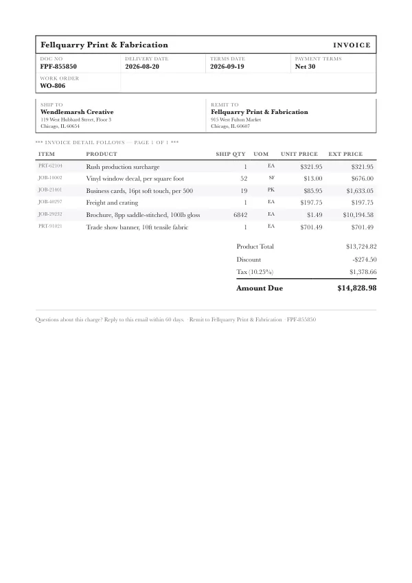Page one of an invoice from Fellquarry Print & Fabrication, an invented company, as a clean PDF
