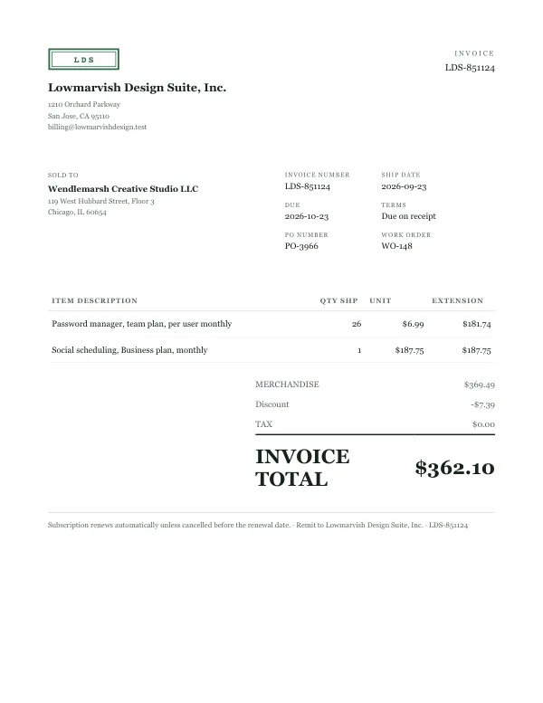 Page one of an invoice from Lowmarvish Design Suite, Inc., an invented company, as a clean PDF