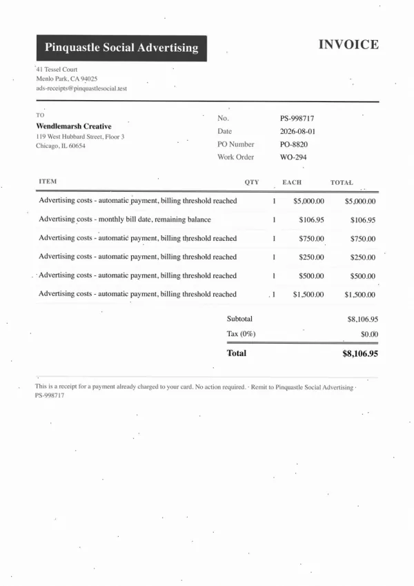 Page one of an invoice from Pinquastle Social Advertising, an invented company, as an office scan