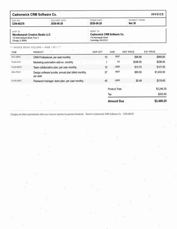 Page one of an invoice from Cadrenwick CRM Software Co., an invented company, as an office scan