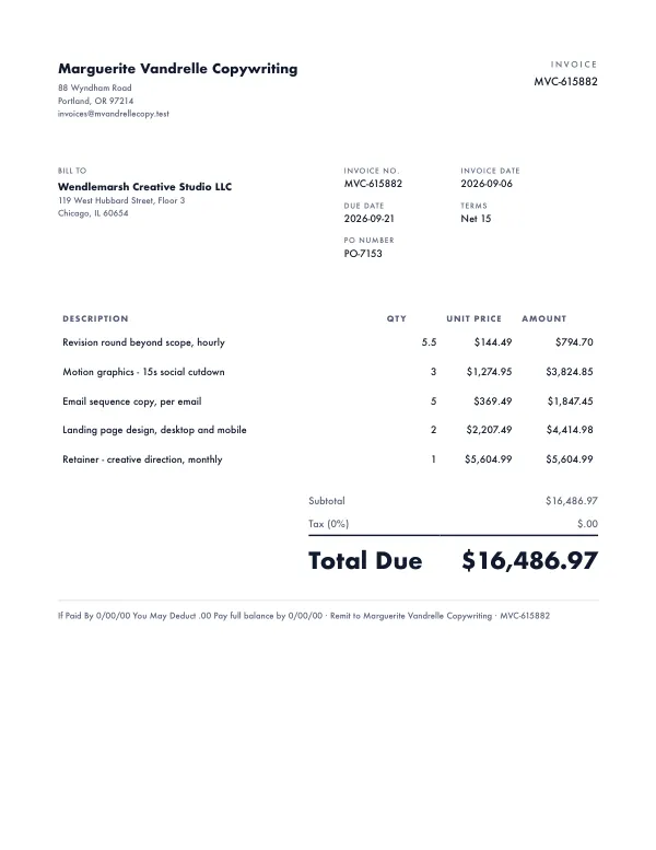 Page one of an invoice from Marguerite Vandrelle Copywriting, an invented company, as a clean PDF