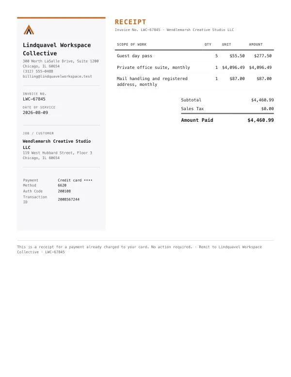 Page one of a receipt from Lindquavel Workspace Collective, an invented company, as a clean PDF