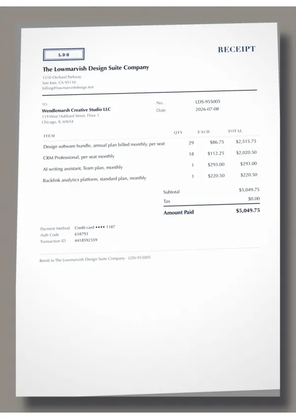 Page one of a receipt from The Lowmarvish Design Suite Company, an invented company, as a phone photo