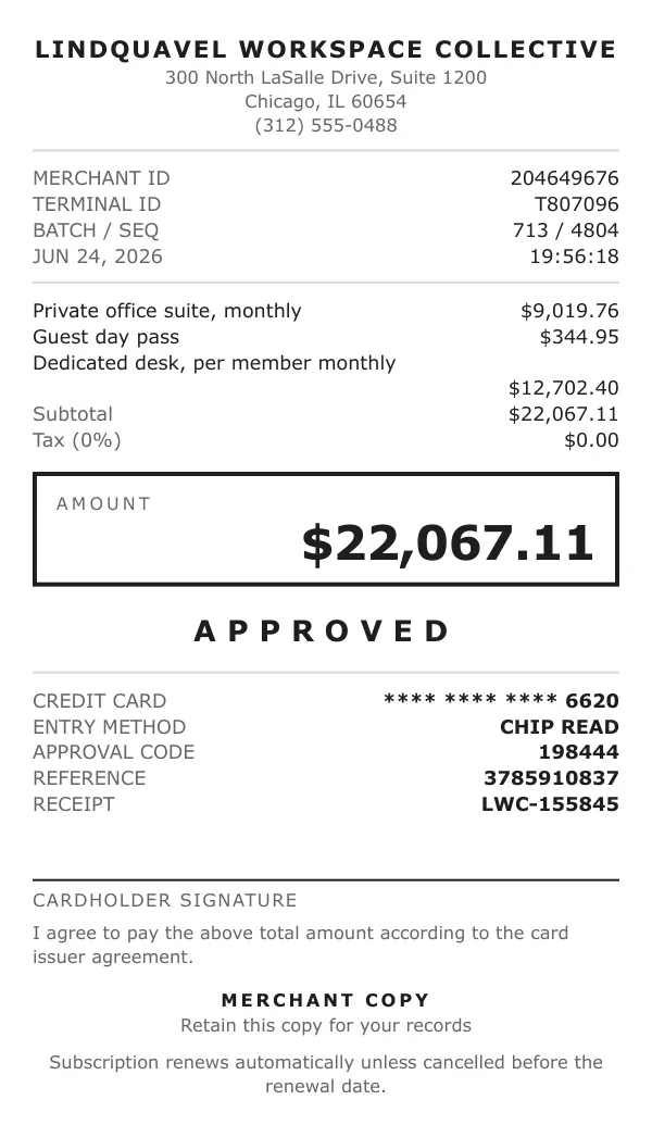 Page one of a receipt from Lindquavel Workspace Collective, an invented company, as a clean PDF