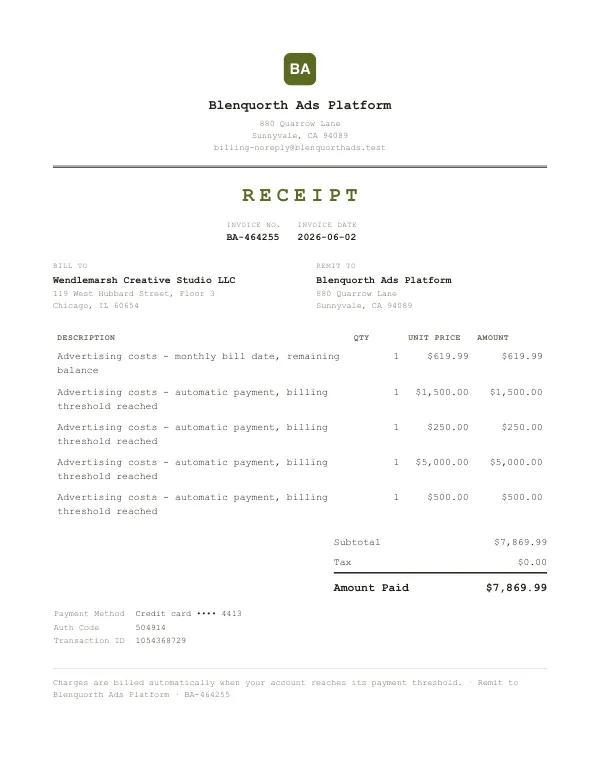 Page one of a receipt from Blenquorth Ads Platform, an invented company, as a clean PDF