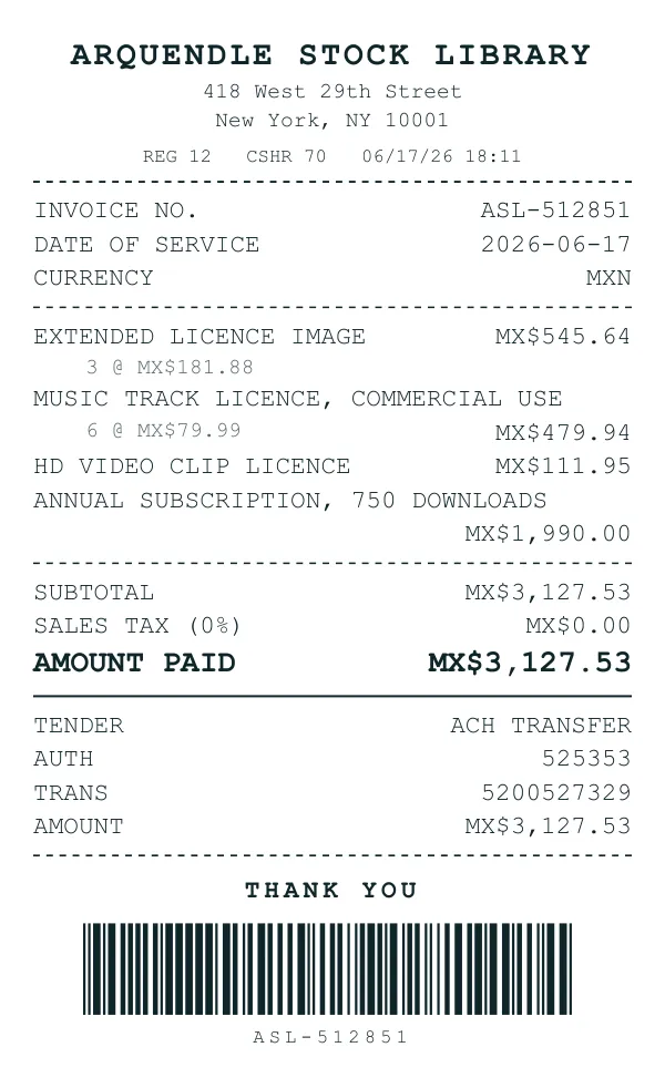 Page one of a receipt from Arquendle Stock Library, an invented company, as a clean PDF