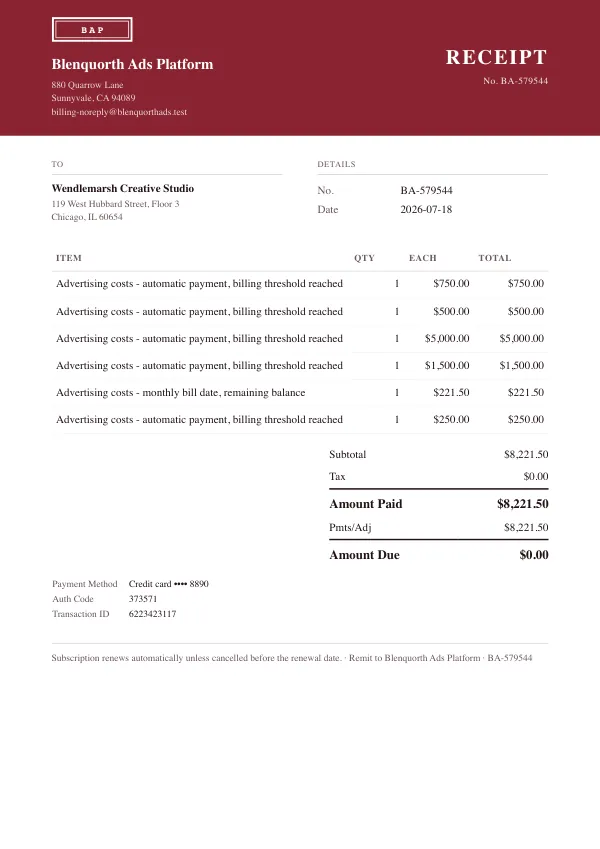 Page one of a receipt from Blenquorth Ads Platform, an invented company, as a clean PDF