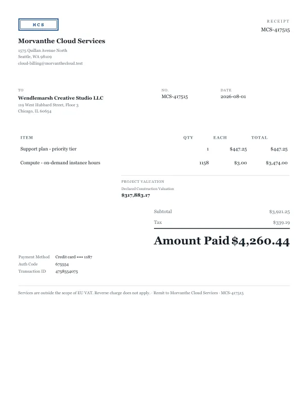 Page one of a receipt from Morvanthe Cloud Services, an invented company, as a clean PDF