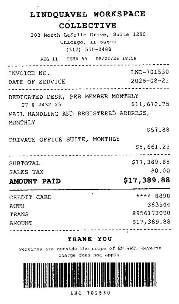 Page one of a receipt from Lindquavel Workspace Collective, an invented company, as a fax