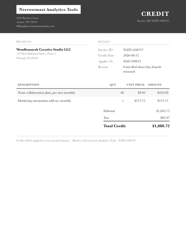 Page one of a credit memo from Nerrowmast Analytics Tools, an invented company, as a clean PDF
