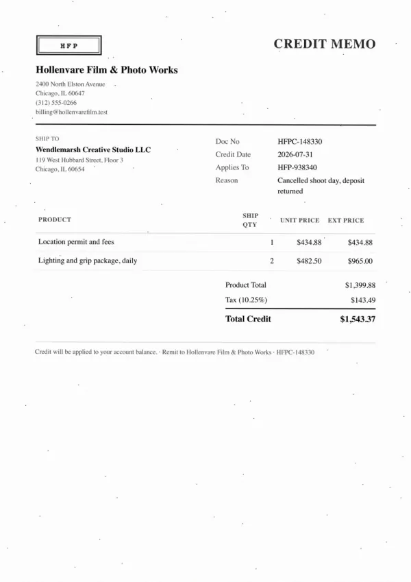Page one of a credit memo from Hollenvare Film & Photo Works, an invented company, as an office scan