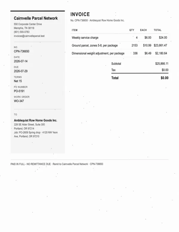 Page one of an invoice from Cairnvelle Parcel Network, an invented company, as an office scan