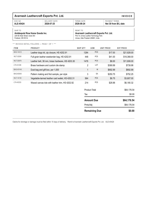 Page one of an invoice from Avarnesh Leathercraft Exports Pvt. Ltd., an invented company, as a clean PDF