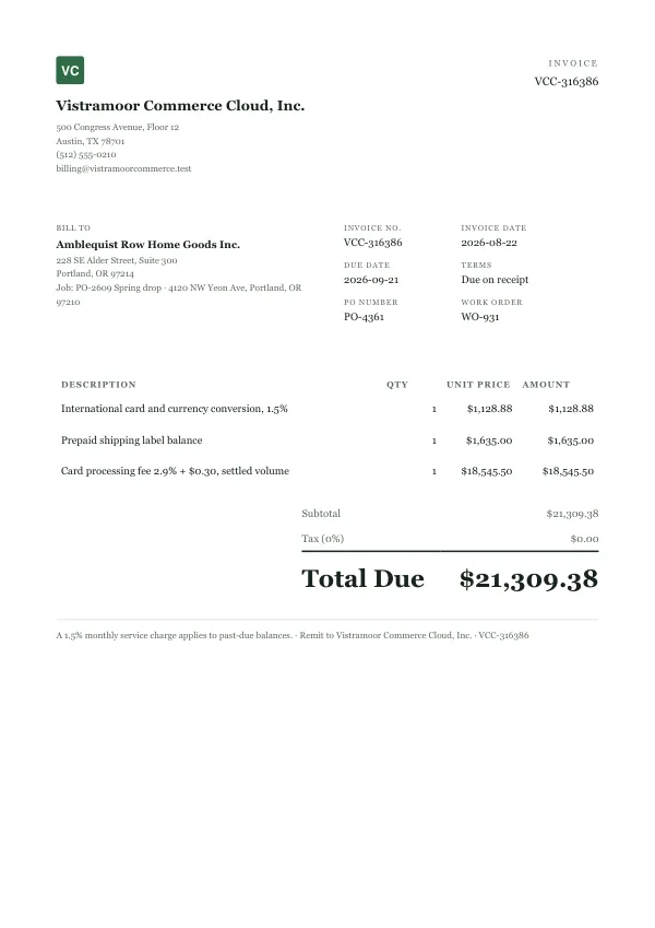 Page one of an invoice from Vistramoor Commerce Cloud, Inc., an invented company, as a clean PDF
