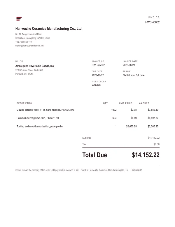 Page one of an invoice from Hanwuzhe Ceramics Manufacturing Co., Ltd., an invented company, as a clean PDF