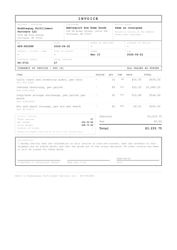 Page one of an invoice from Ruddlequay Fulfillment Partners LLC, an invented company, as a clean PDF