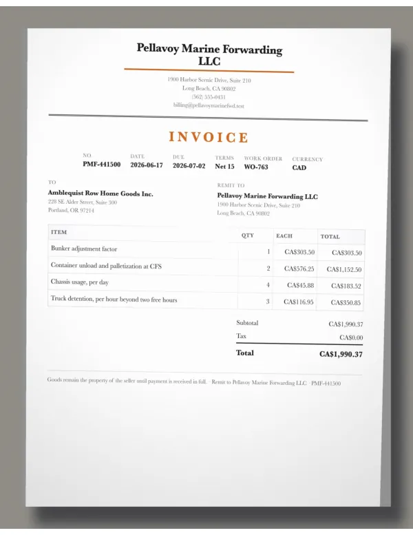 Page one of an invoice from Pellavoy Marine Forwarding LLC, an invented company, as a phone photo