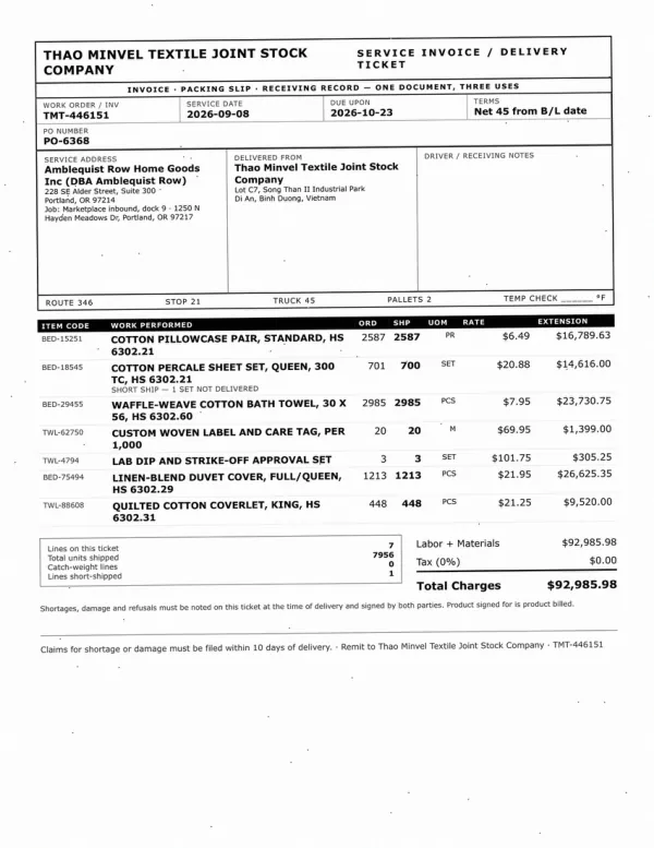 Page one of an invoice from Thao Minvel Textile Joint Stock Company, an invented company, as an office scan