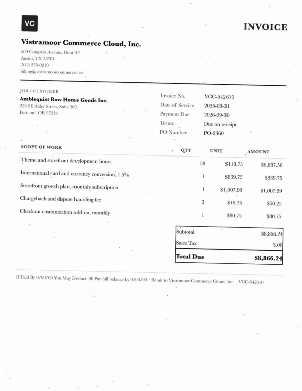 Page one of an invoice from Vistramoor Commerce Cloud, Inc., an invented company, as an office scan