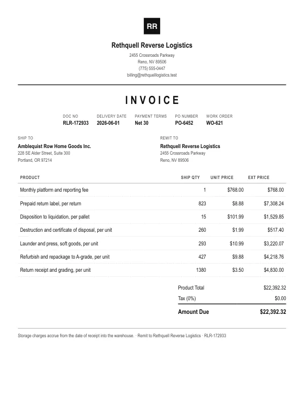 Page one of an invoice from Rethquell Reverse Logistics, an invented company, as a clean PDF