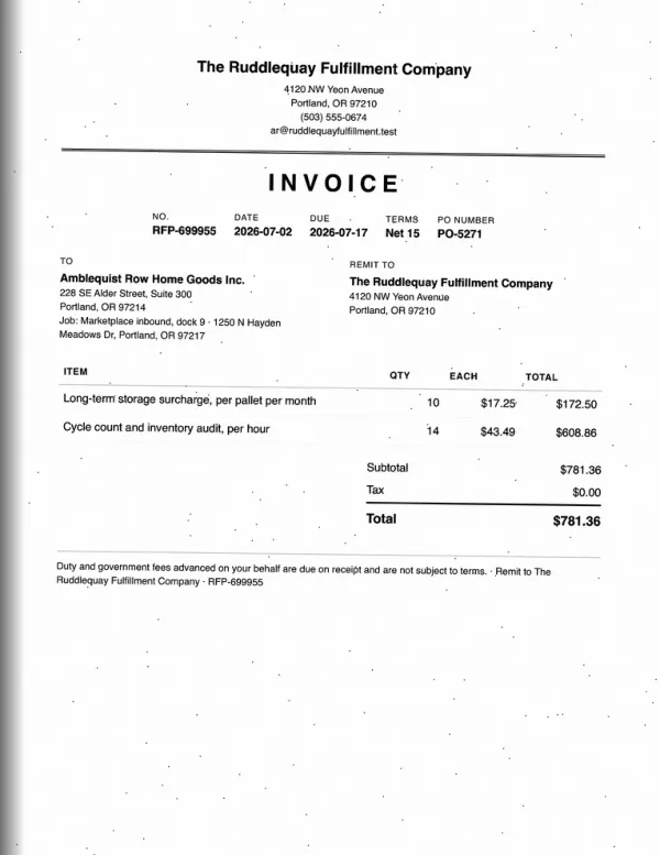 Page one of an invoice from The Ruddlequay Fulfillment Company, an invented company, as a photocopy