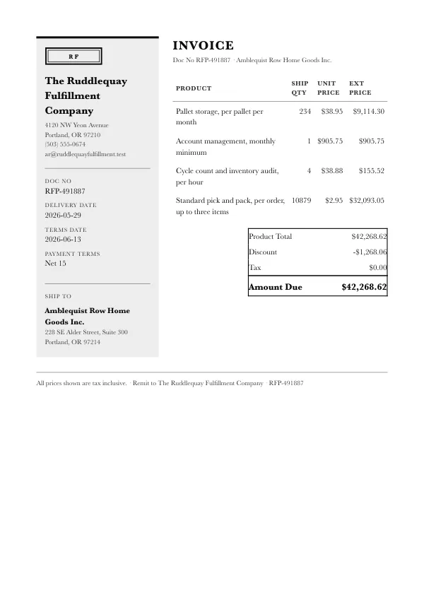Page one of an invoice from The Ruddlequay Fulfillment Company, an invented company, as a clean PDF