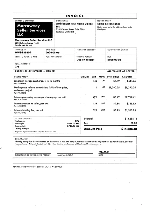 Page one of an invoice from Marrowvey Seller Services LLC, an invented company, as a fax