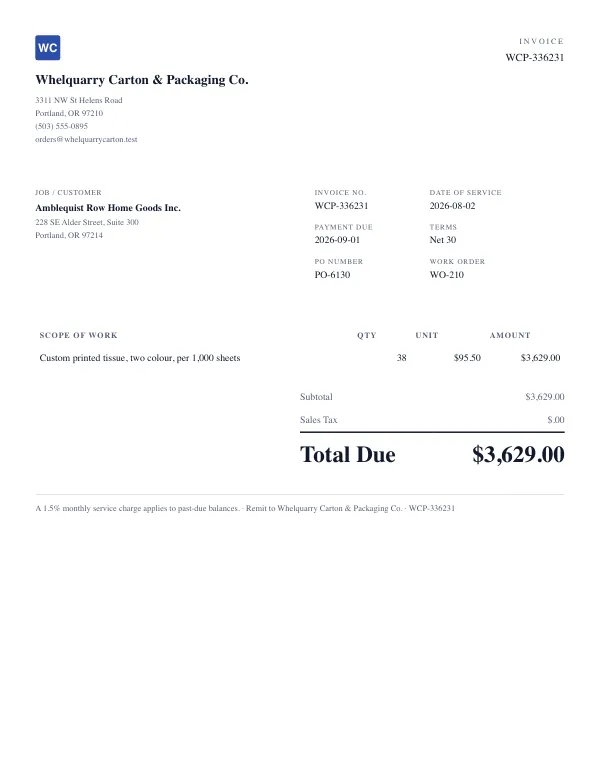 Page one of an invoice from Whelquarry Carton & Packaging Co., an invented company, as a clean PDF
