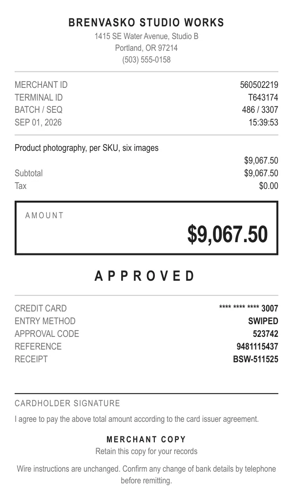 Page one of a receipt from Brenvasko Studio Works, an invented company, as a clean PDF