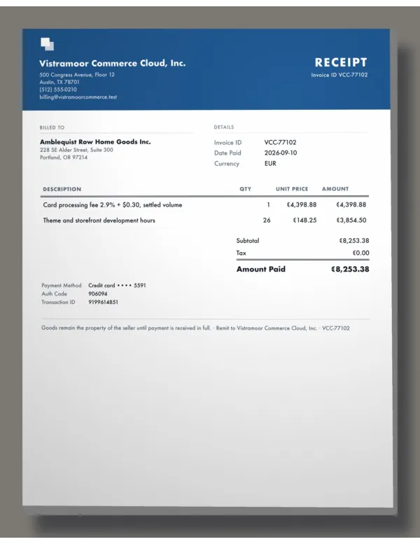 Page one of a receipt from Vistramoor Commerce Cloud, Inc., an invented company, as a phone photo