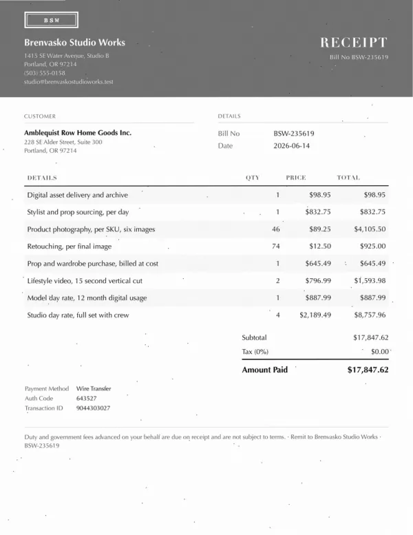 Page one of a receipt from Brenvasko Studio Works, an invented company, as an office scan