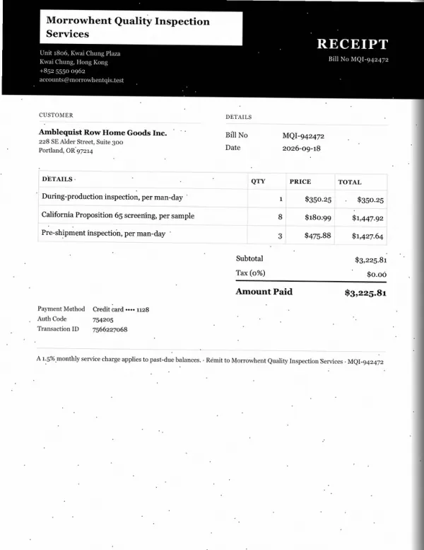 Page one of a receipt from Morrowhent Quality Inspection Services, an invented company, as a photocopy