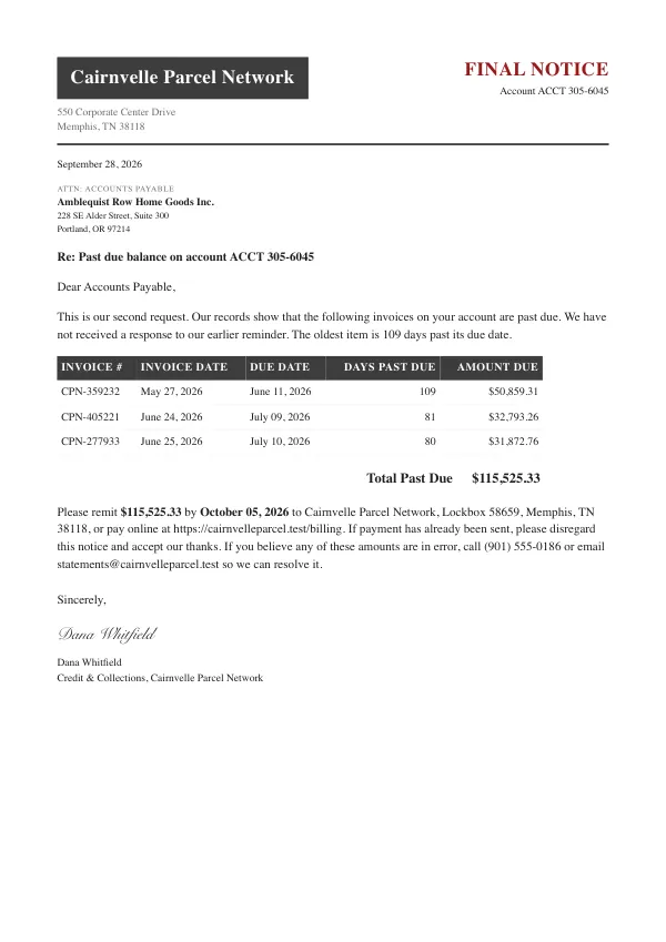 Page one of a statement from Cairnvelle Parcel Network, an invented company, as a clean PDF
