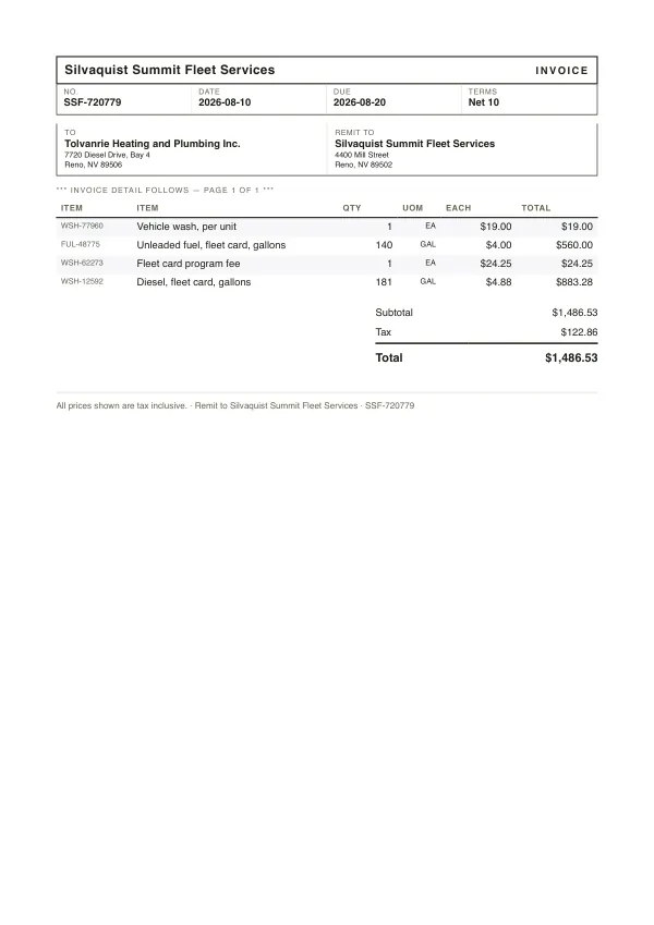 Page one of an invoice from Silvaquist Summit Fleet Services, an invented company, as a clean PDF