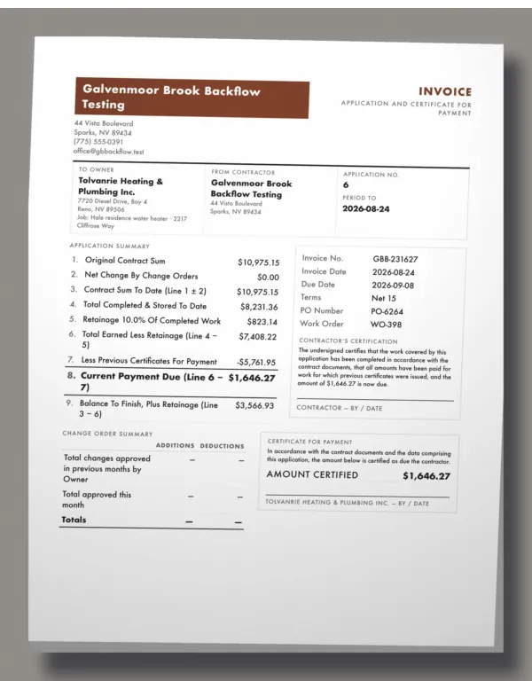 Page one of an invoice from Galvenmoor Brook Backflow Testing, an invented company, as a phone photo