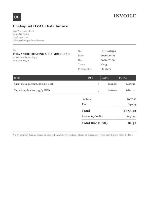 Page one of an invoice from Chelvquist HVAC Distributors, an invented company, as a clean PDF