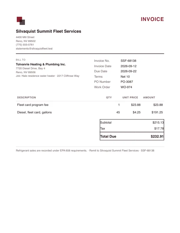 Page one of an invoice from Silvaquist Summit Fleet Services, an invented company, as a clean PDF