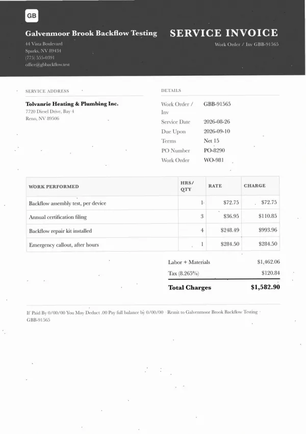 Page one of an invoice from Galvenmoor Brook Backflow Testing, an invented company, as an office scan