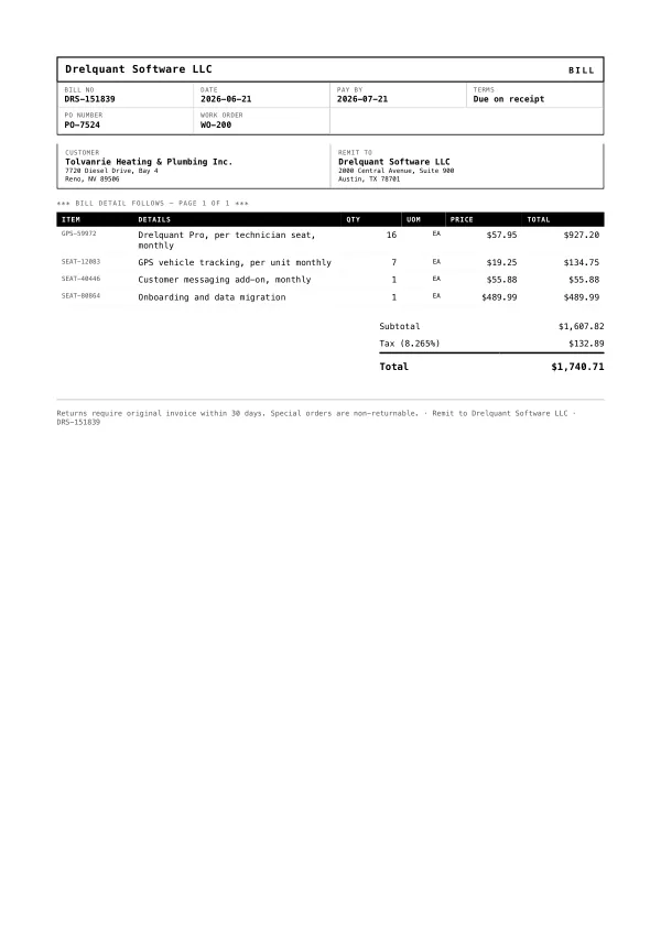 Page one of an invoice from Drelquant Software LLC, an invented company, as a clean PDF