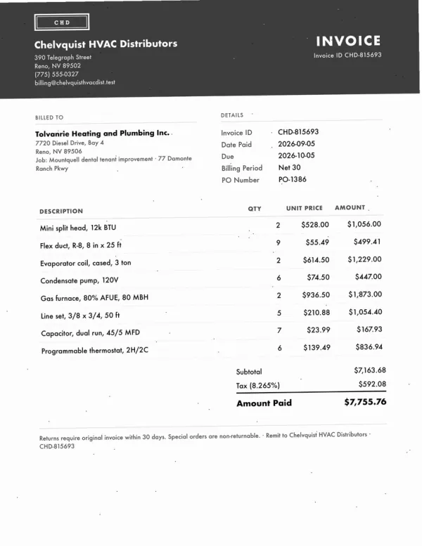 Page one of an invoice from Chelvquist HVAC Distributors, an invented company, as an office scan